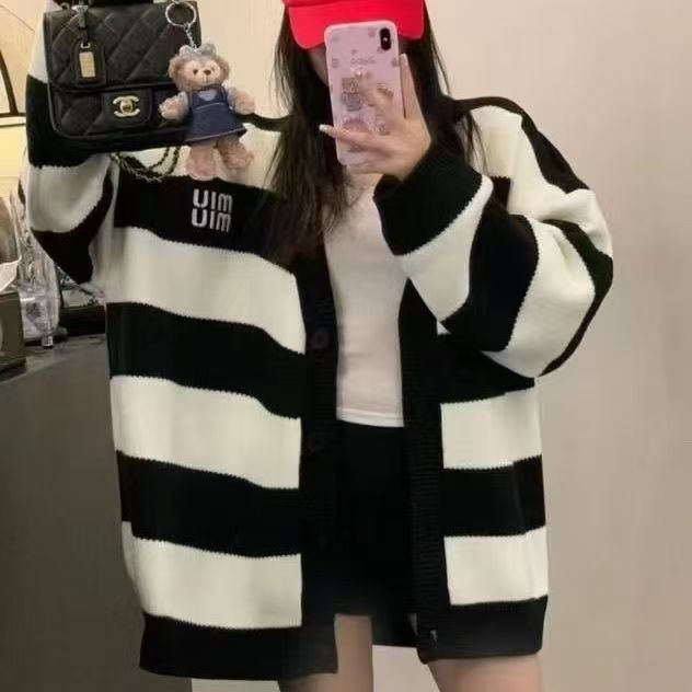 韩版毛衣外套秋冬季新款女装宽松慵懒黑白条纹针织女装开衫|undefined