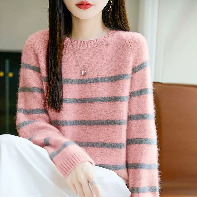 秋冬新款100纯羊毛衫女式宽松圆领拼色加厚打底上衣针织保暖毛衣