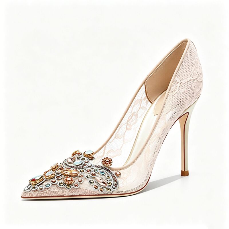 Plus-Size Women's Designer Brand Wedding Evening Crystal High Heels Elegant Rhinestone Bridal Mesh Lace High Heels