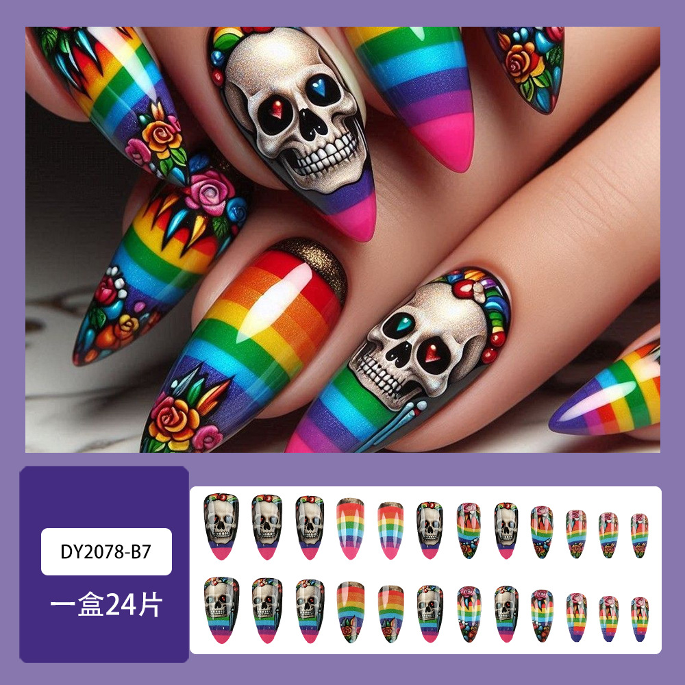 Nueva armadura de vestir de Halloween, rayas de arco iris, flores, calavera, uñas, 24 piezas, pegatinas de uñas de comercio exterior