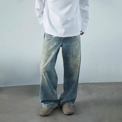 JIAMU Vintage American High Street Baggy Fit Unisex Wide Leg Floor-Length Spray Stain Bleached Distressed Design Jeans