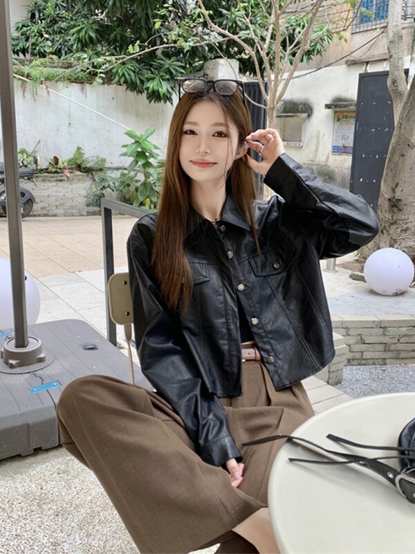 皮衣外套女夏季韩版2025新款小个子感短款宽松长袖机车服夹克|undefined