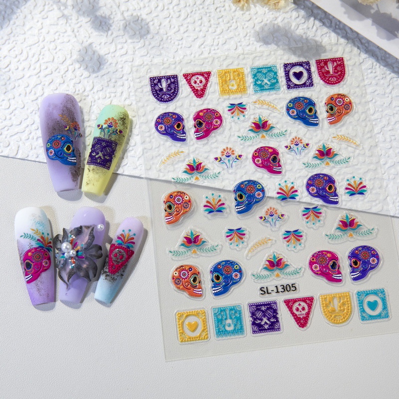 Halloween Theme Nail Art Stickers 5D Relief Stereo Mexican Skull Festival DIY Nail Sticker Jewelry Halloween Theme Nail Art Stickers 5D Relief Stereo Mexican Skull Festival DIY Nail Sticker Jewelry