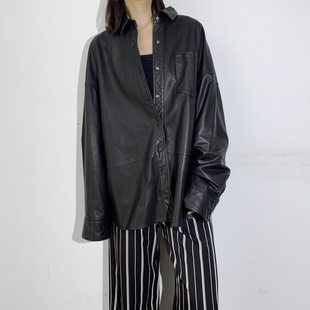 Genuine Leather Sheepskin Full Vegetable Tanned Leather Women's 2024 Autumn and Winter New Star Style Loose Casual Shirt Mid-length