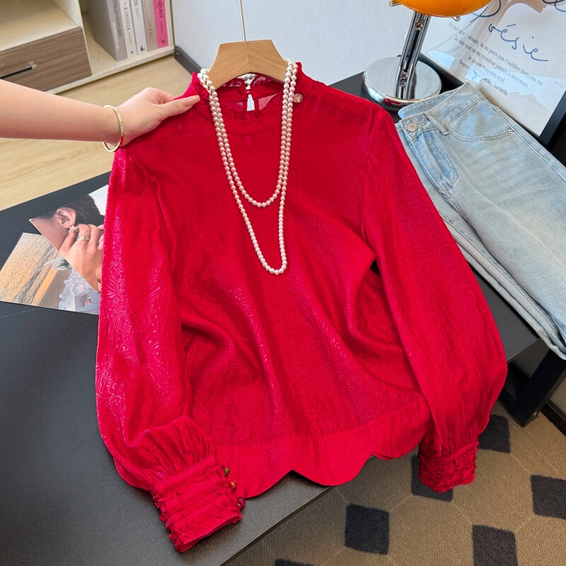 2026 New Chinese-Style Velvet Jacquard Shirt with Improved Lace Hem and Long Sleeves in Ethnic Style