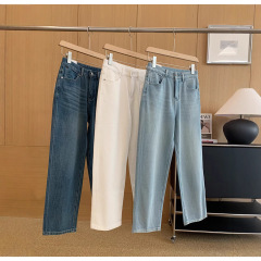 春は遅くないカモメ糸パイプパンツ! 万能弾砂洗青い九分ズボンの高腰が痩せているストレートジーンズの女性