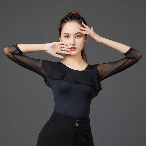 Slant neck black red royal blue Dance Latin dance tops for women girls female adult modern companionship squareLatin Ballroom dancing shirts for woman