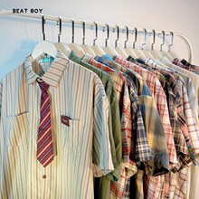 现货美式复古oversize撞色格子防晒衬衫男女短袖宽松薄款衬衣外套