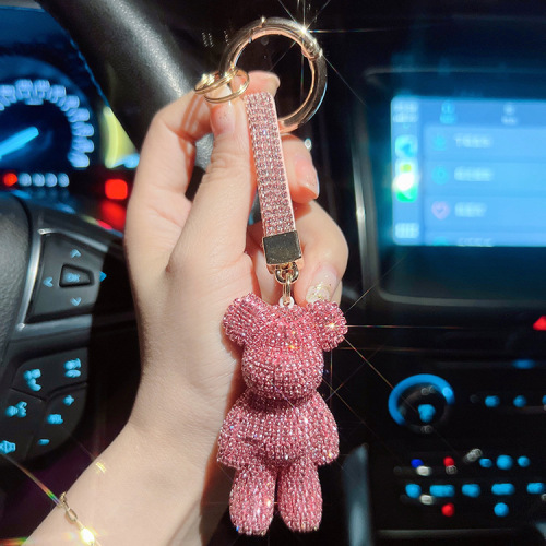 Fashion Diamond-Studded Medium Size Violent Bear Keychain Creative Diamond Rope Round Clasp Car Keychain for Girls Purse Hook Gift