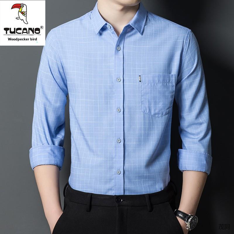 啄木鸟中年男士格纹长袖春秋季薄商务休闲爸爸衬衫免烫