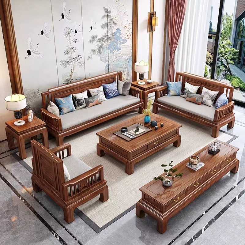 Golden Rosewood New Chinese Style Solid Wood Sofa for Winter and Summer, Antique Carved Pineapple Grids, Light Luxury Living Room Mahogany Furniture