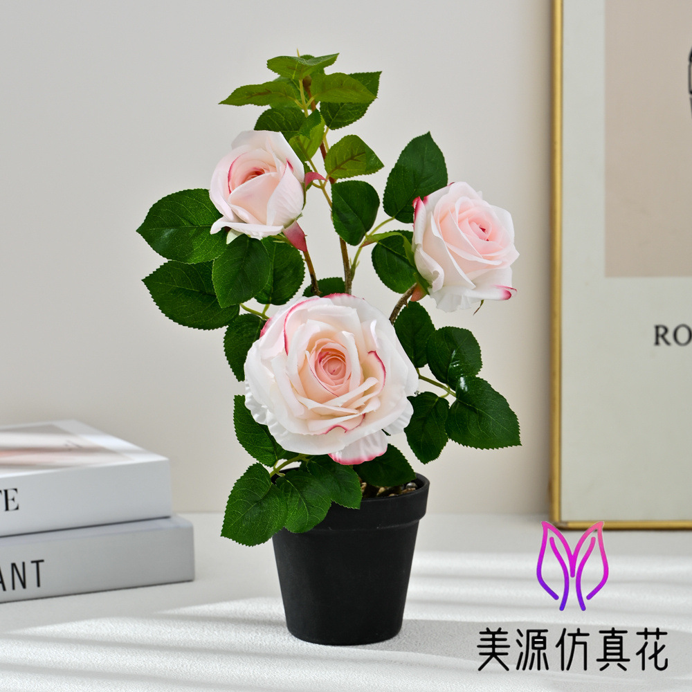 Selección estricta de flores falsas de tres cabezas de rosas pequeñas decoraciones para el hogar bonsai decoración floral simulación maceta simulación