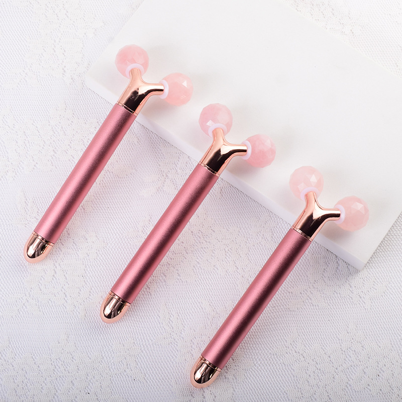 玉石按摩棒  粉晶3D滚轮 切面双球电动滚轮 Y形面部按摩玉石滚轮