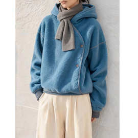 小个子巨好看小香风雾霾蓝色连帽羊羔毛摇粒绒外套女2025新款秋冬