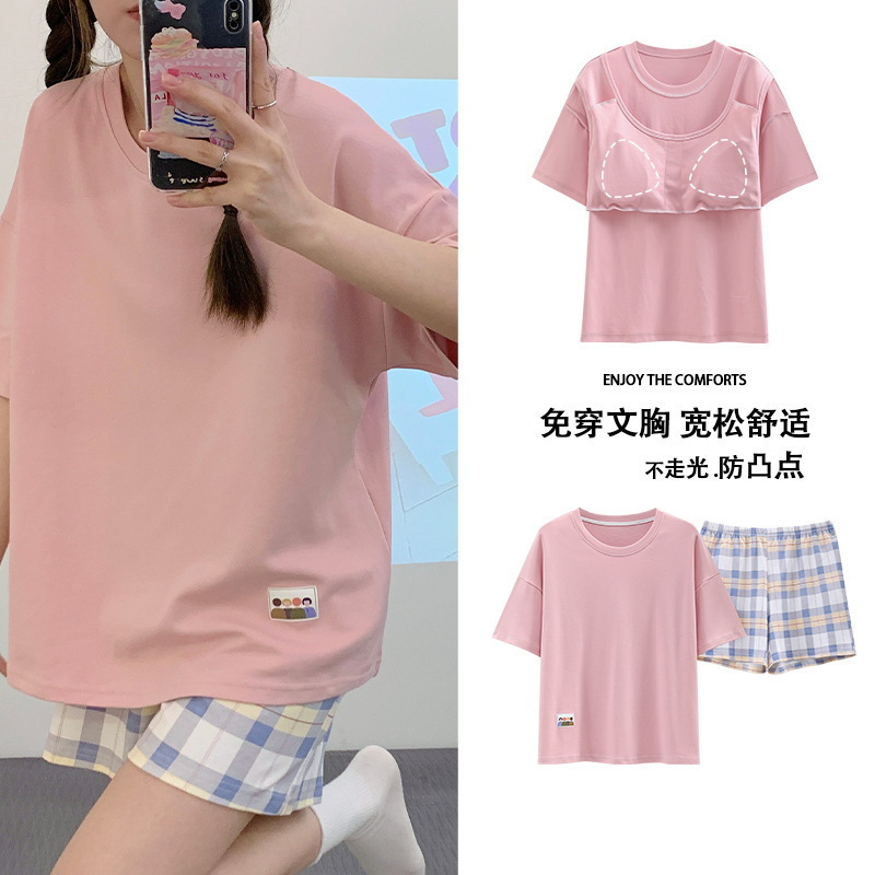 睡衣女夏季短袖套甜美带胸垫韩版卡通学生休闲宽松大码宿舍家居服|undefined