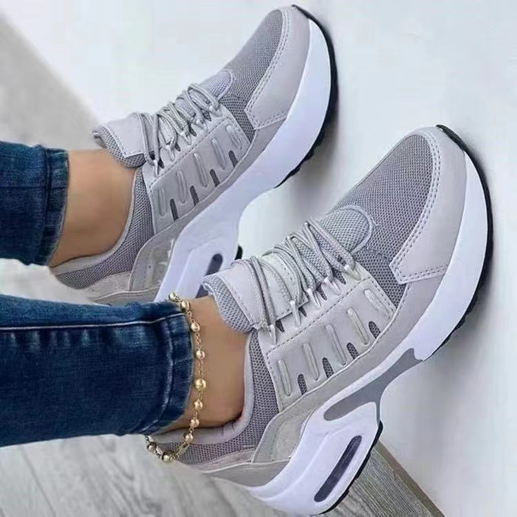 Foreign Trade Large Size European and American New Casual Sports Shoes for Women, Fly-Knit Wedge Heels, Round Toe Lace-Up Mesh Breathable Women's Shoes