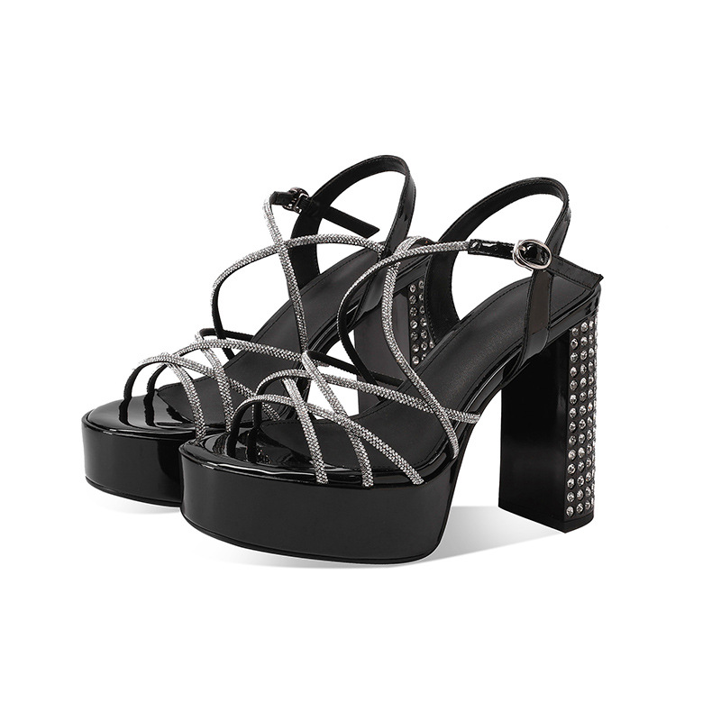 Giày sandal cao gót nữ hở mũi gót vuông pha lê đế platform dày — đen