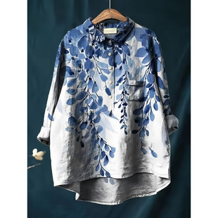 in stock Foreign Trade New Casual Hawaii Long-sleeved Cross-border Women's Long-sleeved Shirt Cotton and Linen plus size Top