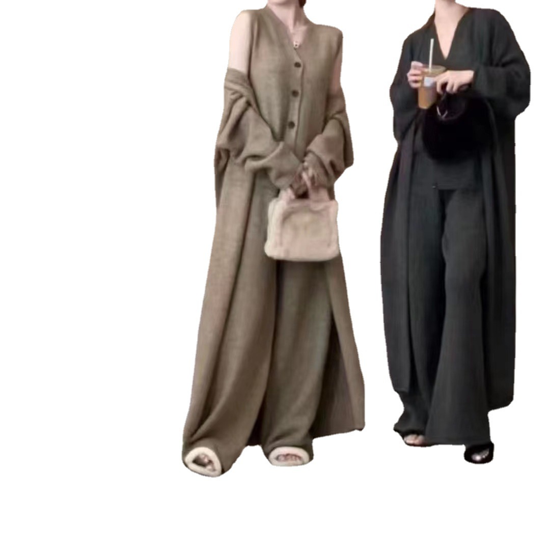 Women's Clothing High grade lazy temperament simple knitted suit autumn and winter new sleeveless vest sweater cardigan pants three piece suit_voghion.com