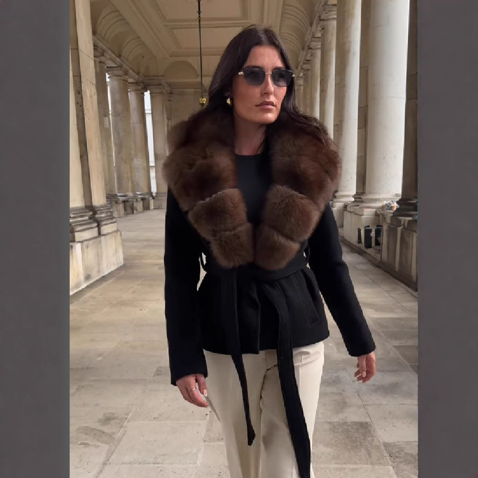 跨境速卖通2025秋冬新品气质名媛毛领收腰绑带呢子大衣外套高级感