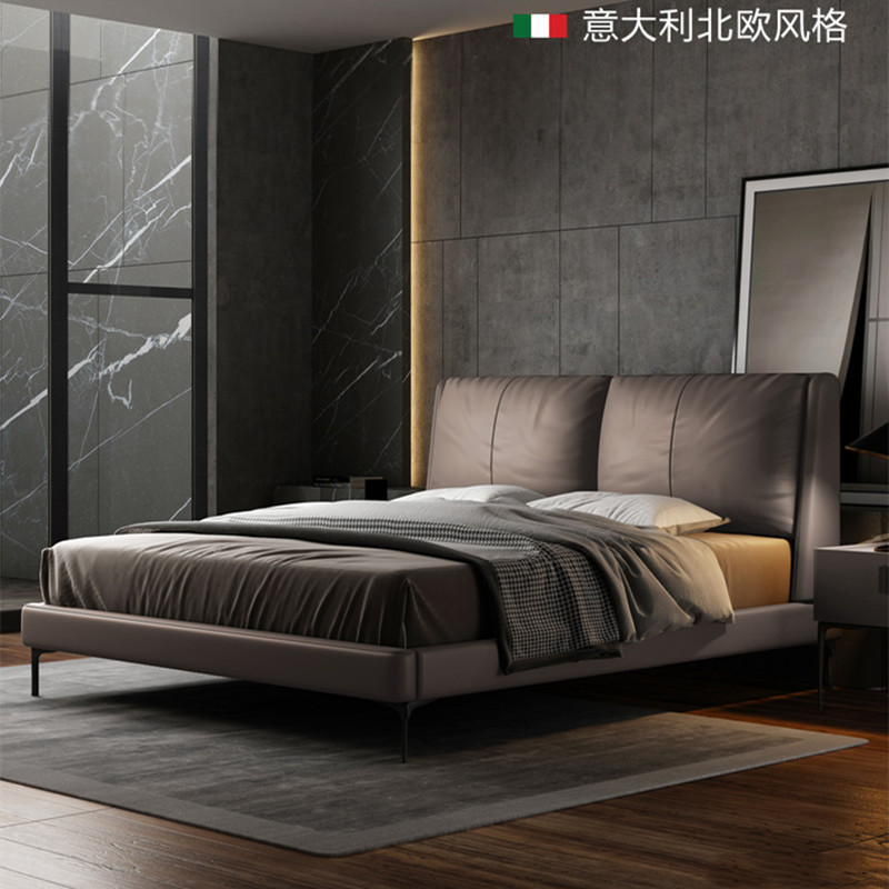 Cama de cuero, cama minimalista italiana, cama de lujo ligera, cama moderna, cama de envoltura blanda nórdica, dormitorio principal, cama doble de cuero