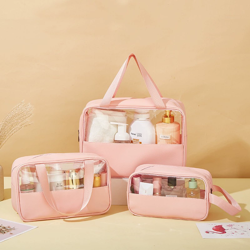 Capacious waterproof cosmetic bag PVC, polyurethane handheld organizer bag for traveling