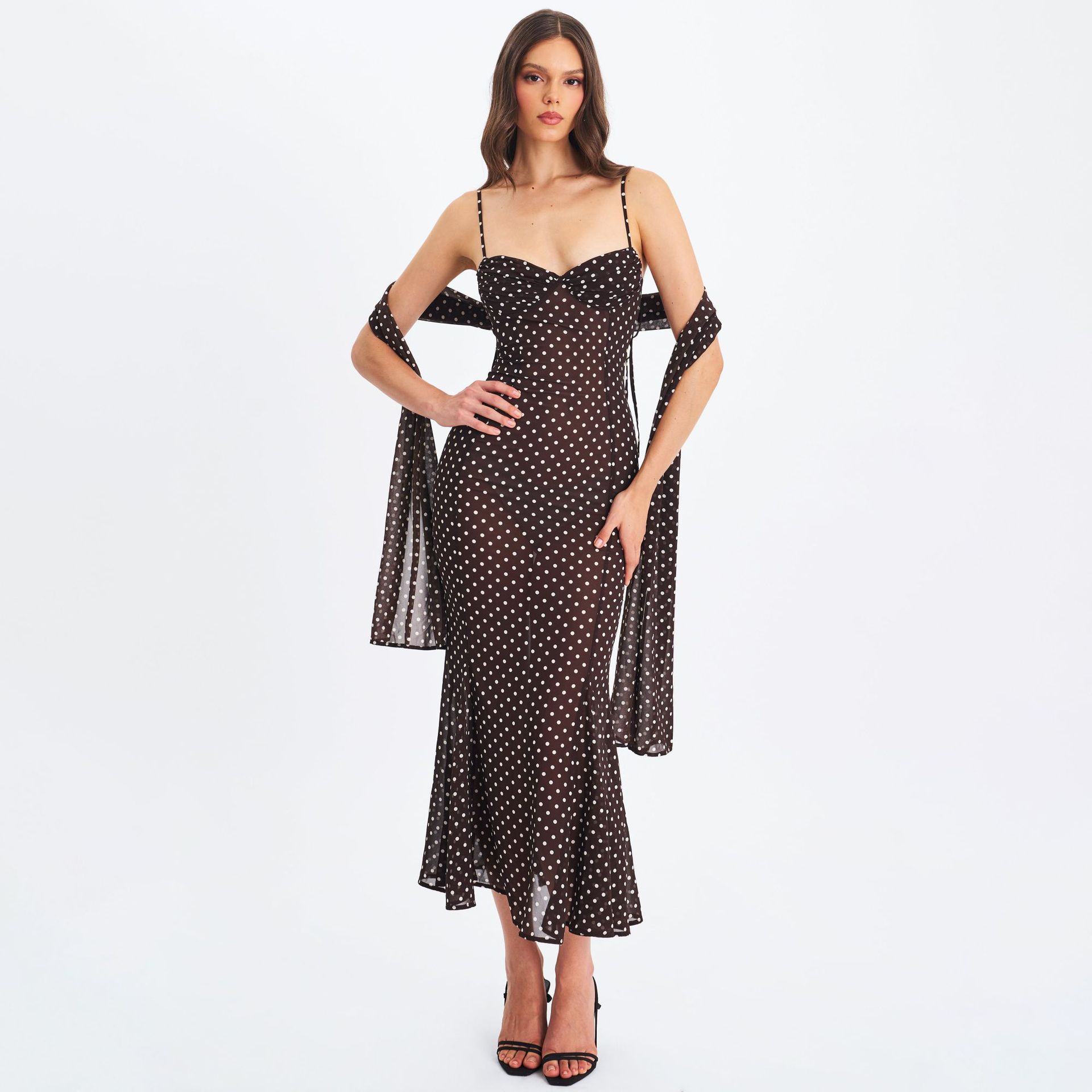 Women Elegant Spaghetti Strap Polka Dot Print Backless Dress Stylish Scarf Decor Slimming Party Vacation Dress_ecoleips.com