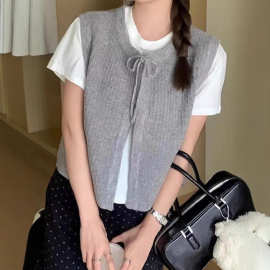设计感小众灰色针织马甲女2025秋季新款绑带外搭叠穿简约背心毛衣