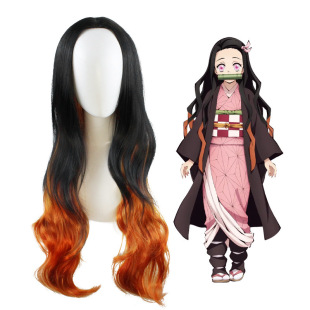 Cross-Border Demon Slayer Cosplay Wig Anime Kamado Nezuko Wig Black Brown Gradient Long Curly Hair in Stock
