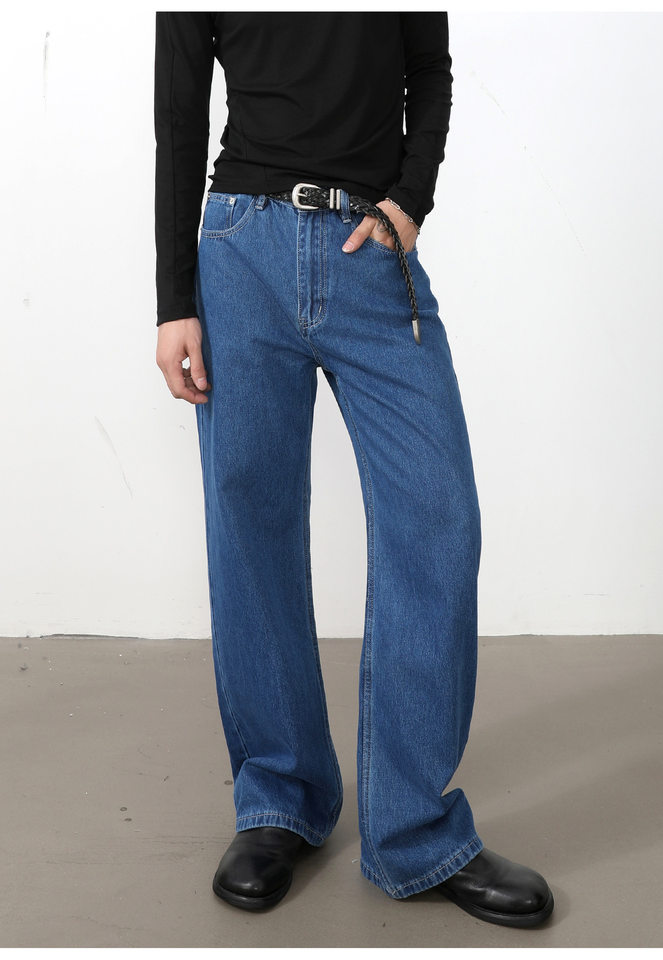 Quần jean nam ống rộng dáng suông thoải mái kiểu Mỹ, vải denim xử lý giặt mài, lưng trung, dài quần — Xanh da trờicolor, Xám đen, màu xám nhạt chi tiết 16