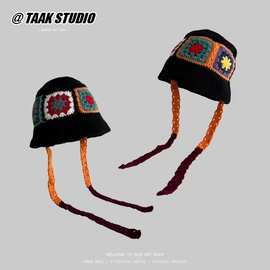 韩国ins祖母格长绑带针织盆帽子女百搭显脸小手工编织毛线渔夫帽