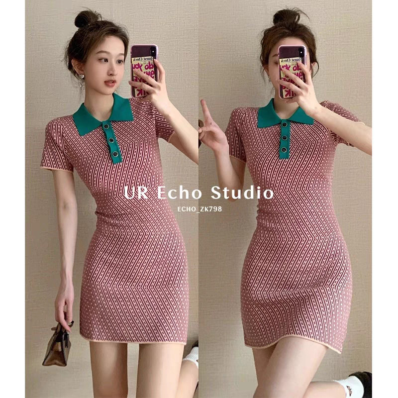 High-end French Retro Hip-hugging Skirt for Women Summer New Sweet ElegAnt Slim polo CollAr Knitted A-line Dress