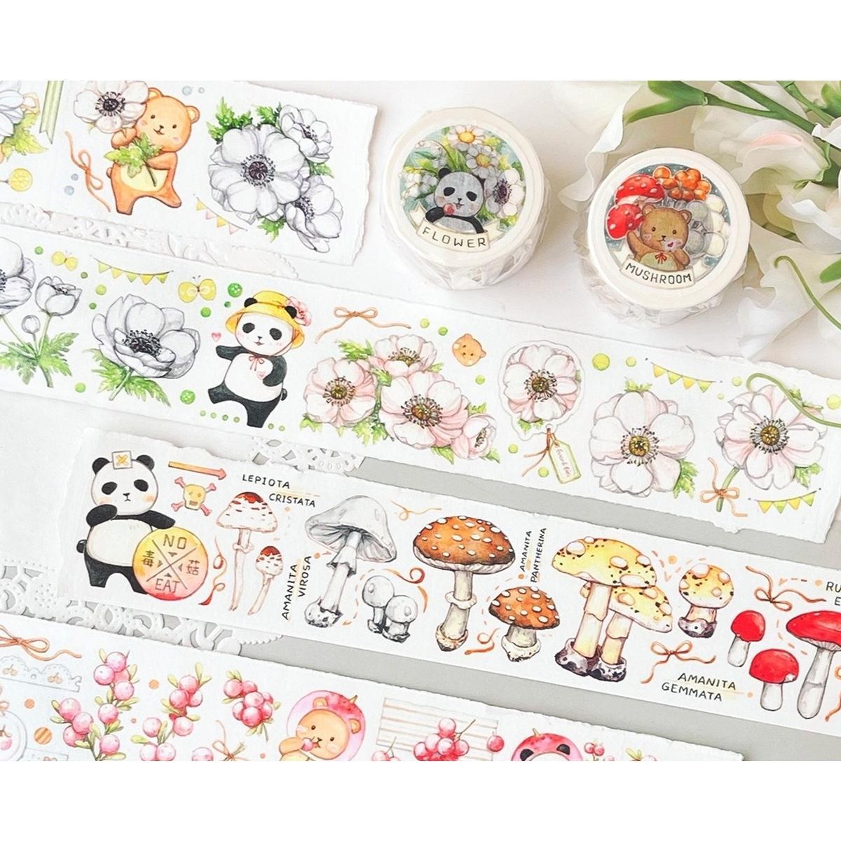 EverEin有熊手帳原創膠帶粉粉綠綠花花整卷蘑菇可愛熊貓手賬拼貼