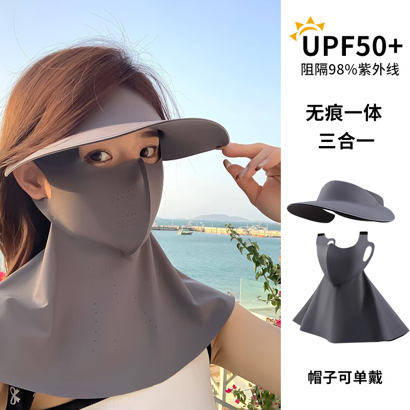 Protección solar de verano, protección UV, máscara facial completa, protección para el cuello tres en uno, protección para los ojos de seda de hielo transpirable, cara completa al aire libre