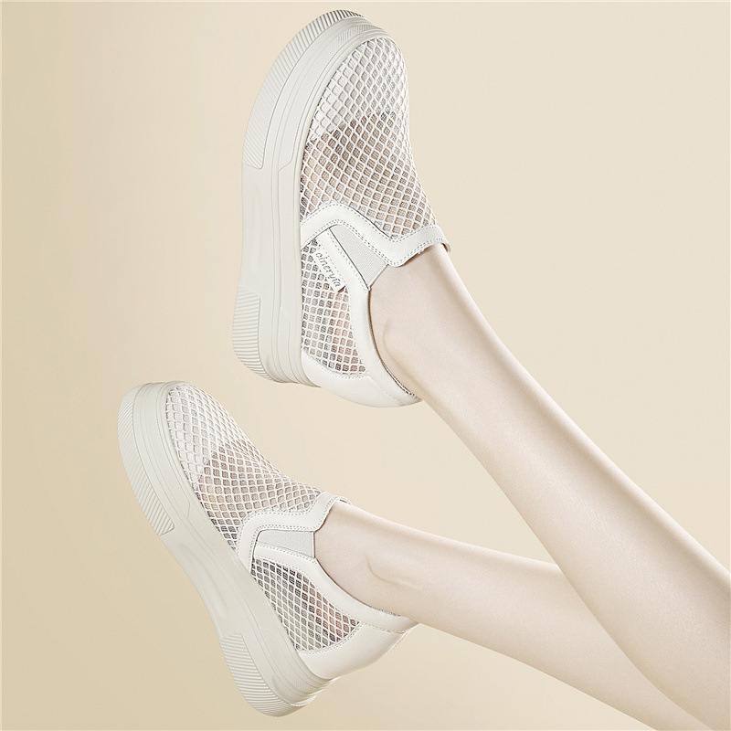 Giày sneaker nữ đế dày lưới thoáng khí một chân tăng chiều cao đi làm mùa xuân hè — 6124 Màu be, 6124 Da đen chi tiết 8