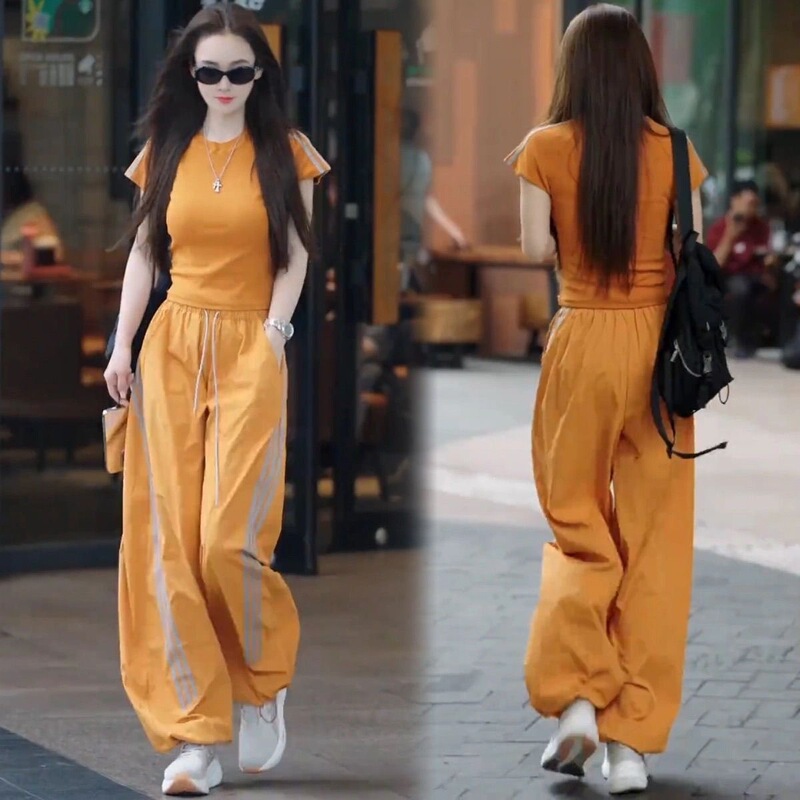 Casual Stylish Quick-Dry Sports Suit for Women, New Summer Short-Sleeve T-Shirt with Straight Wide-Leg Pants Two-Piece Set