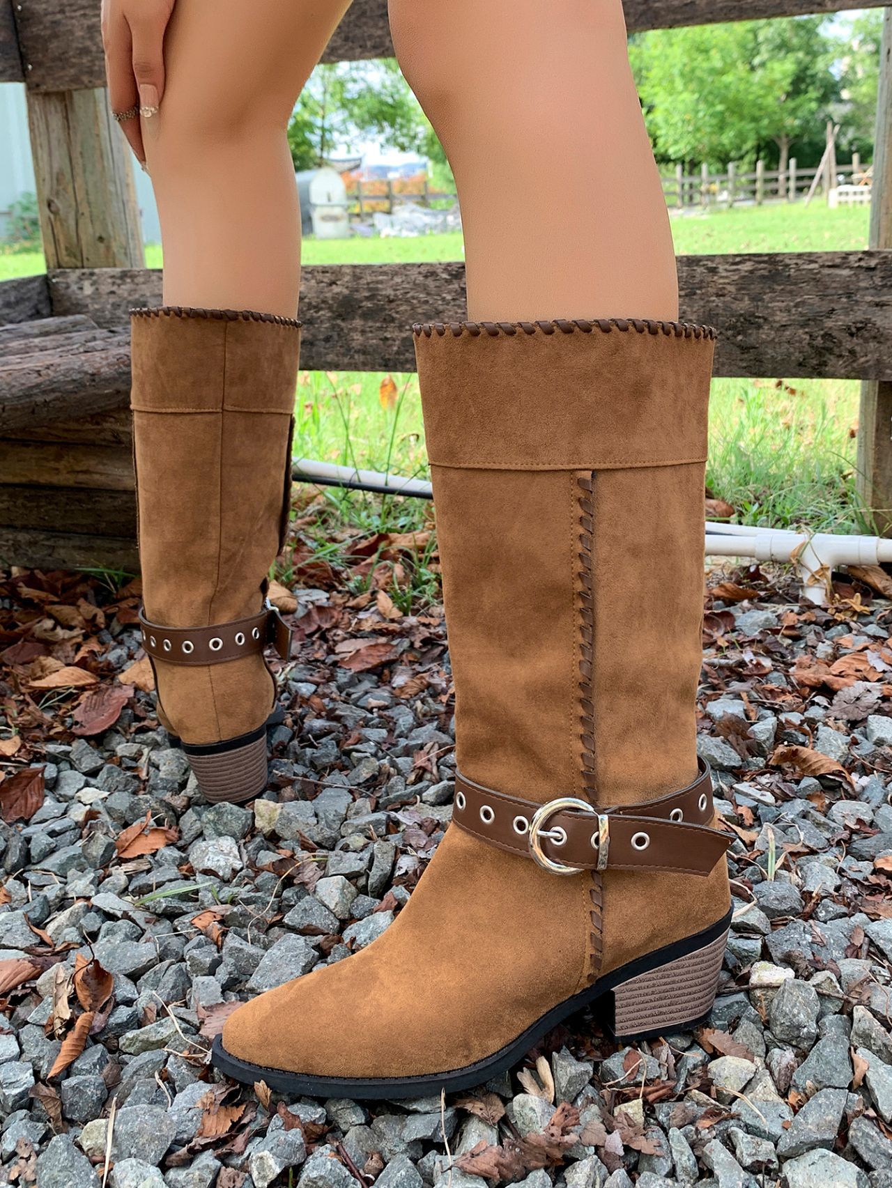 Women's Black Suede Cowboy Boots With Buckle Detail Mid Heel_voghion.com