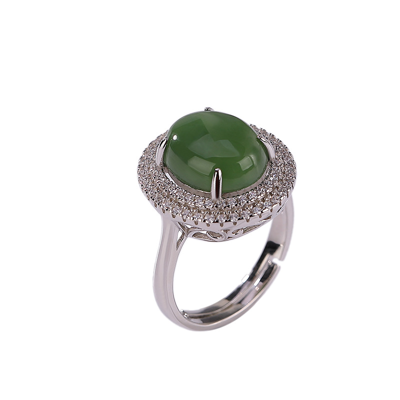 Nhẫn nữ bạc S925 mặt ngọc Hetian jasper hình trứng cá tính, thiết kế mở thanh lịch — Mở một size