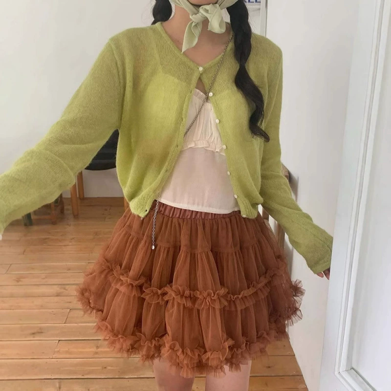 Новая корейская молодежная универсальная короткая юбка-миди с тяжелыми рюшами, комбинированная сеткой, многослойная, лето 2025 года