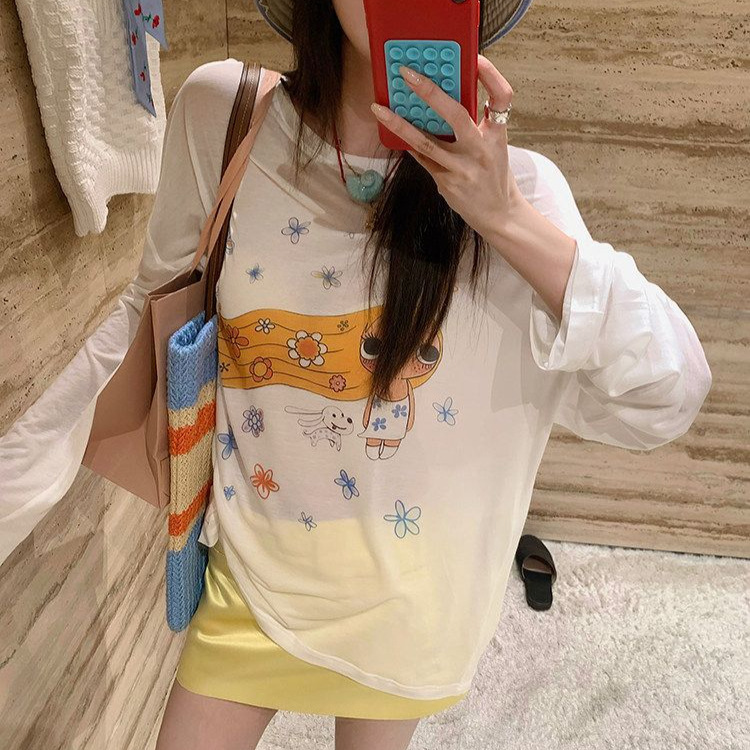 Summer Exquisite Design, Women's Stylish White Printed Off-Shoulder Long-Sleeve T-Shirt, Thin Sun-Protective Cover-Up Top