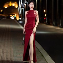 名媛鱼尾晚礼服新款宴会气质挂脖肩流苏主持人长款性感修身连衣裙