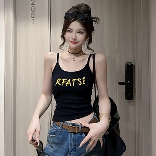 Summer top with cups with letters, fitted brace sleevless, T-shirt, slim fit, American style
