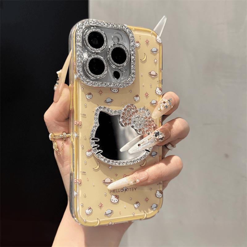 镶钻kitty猫镜子适用苹果16promax手机壳新款iPhone15Pro高级14pl|undefined
