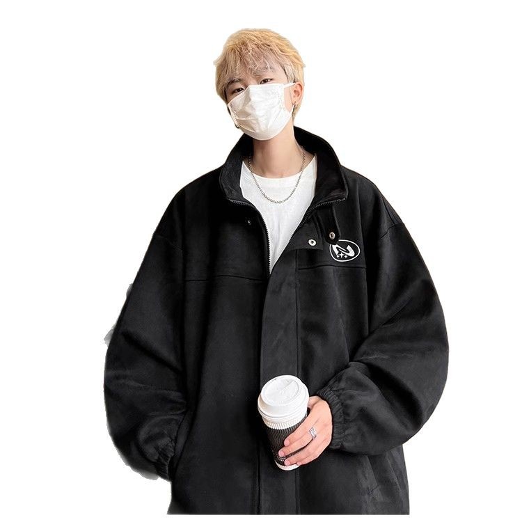 Chaqueta pesada con etiqueta de gamuza japonesa suelta retro para hombre, chaqueta de solapa gruesa de la marca de moda cityboy de otoño e invierno para hombre