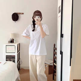 奶蓝色400g重磅纯棉短袖T恤夏季小领口宽松厚实不透男女百搭款t恤