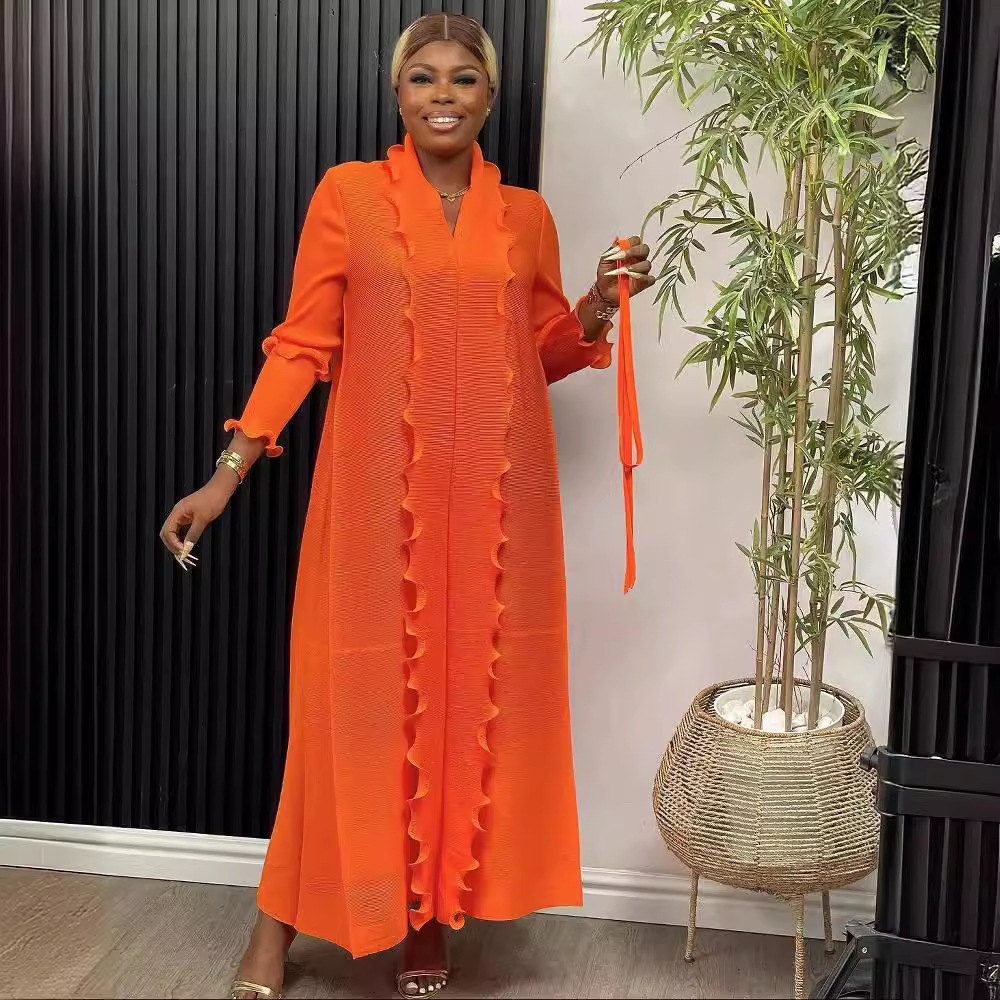 Naiste rõivad Plisseeritud V-kaelusega pitsist pikkade varrukatega moodne kleit naistele_voghion.com