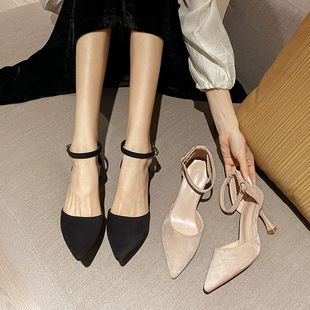 Hollow Sandals Women's 2023 Summer New Suede High Heel Pointed Shoes with Buckle Strap for Women