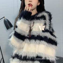 加厚版！慵懒风条纹水貂绒套头毛衣女秋冬新款韩版宽松针织衫外套