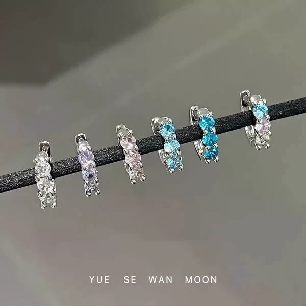Colorful Zircon Straight Pin Earrings Titanium Steel Pin Double Ear Hole Stackable Simple Versatile Plain Hoop Ear Clips Ear Bone Rings Ear Accessories Copper