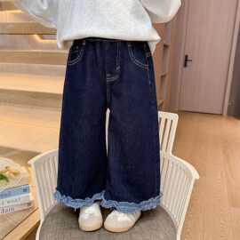 女童格子花边裤子2026春秋新款女宝宝韩版阔腿裤洋气宽松牛仔休闲